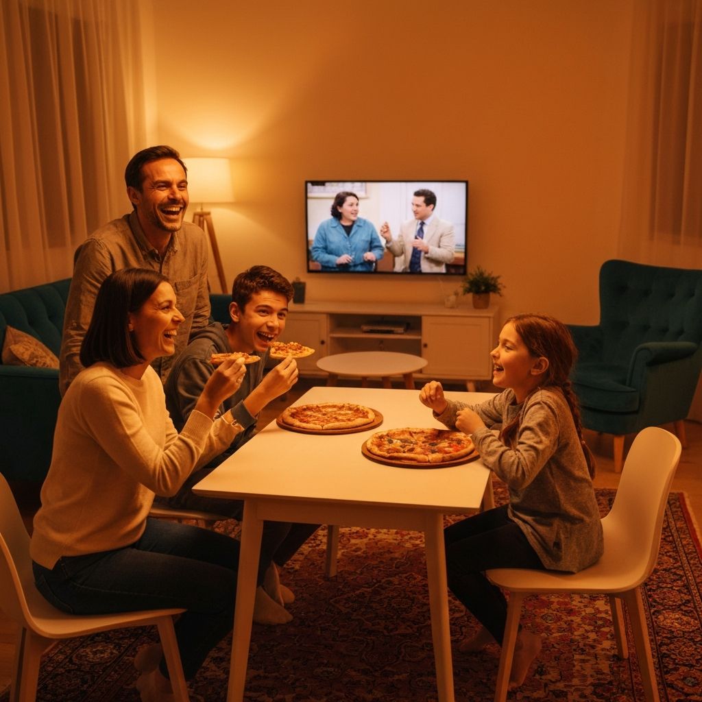 Famille française profitant d'un abonnement IPTV premium pour regarder des films ensemble dans le salon