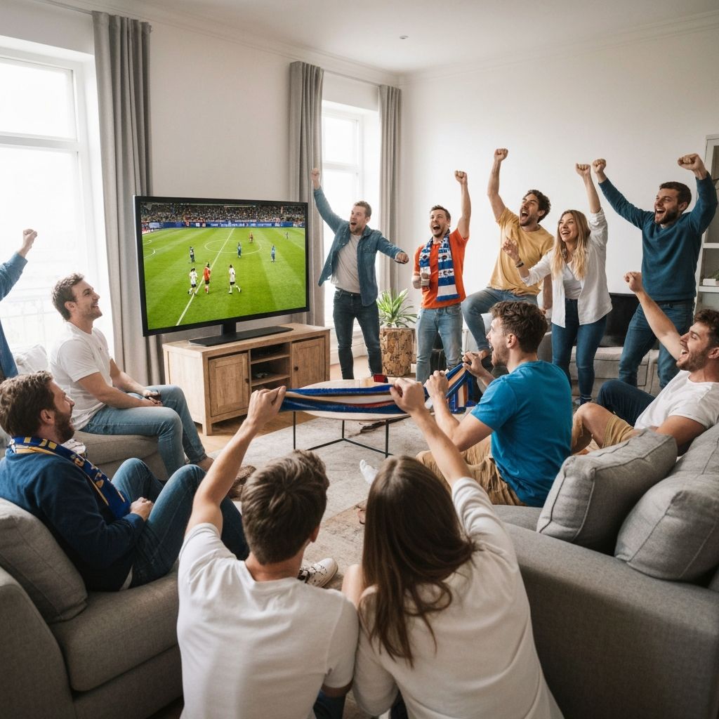 Groupe d'amis regardant un match de football en direct sur IPTV 4K avec KOLOS IPTV
